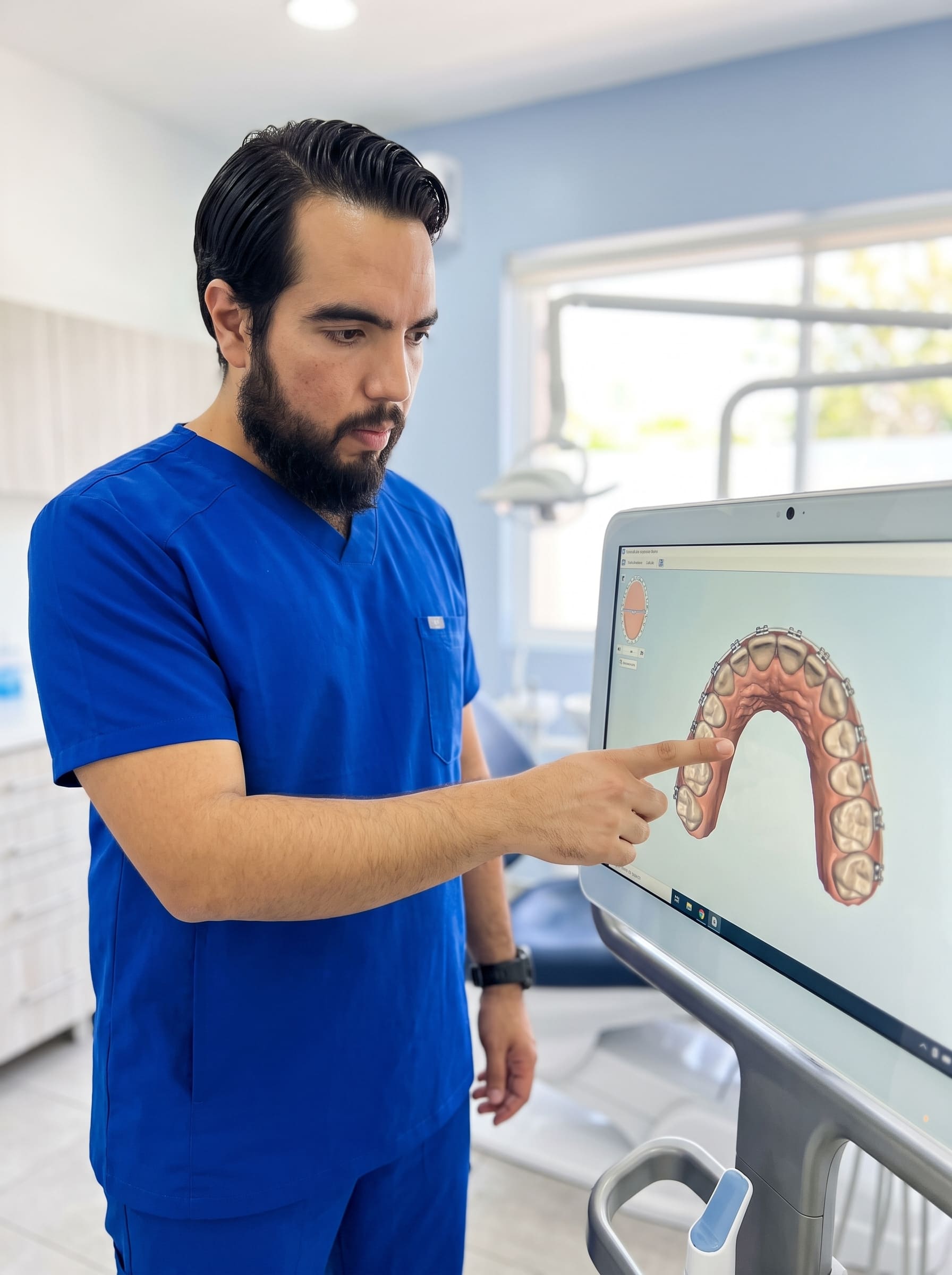 Ortodoncista de Dental Correct revisando el diagnóstico digital 3D de un caso de ortodoncia en Guadalajara.