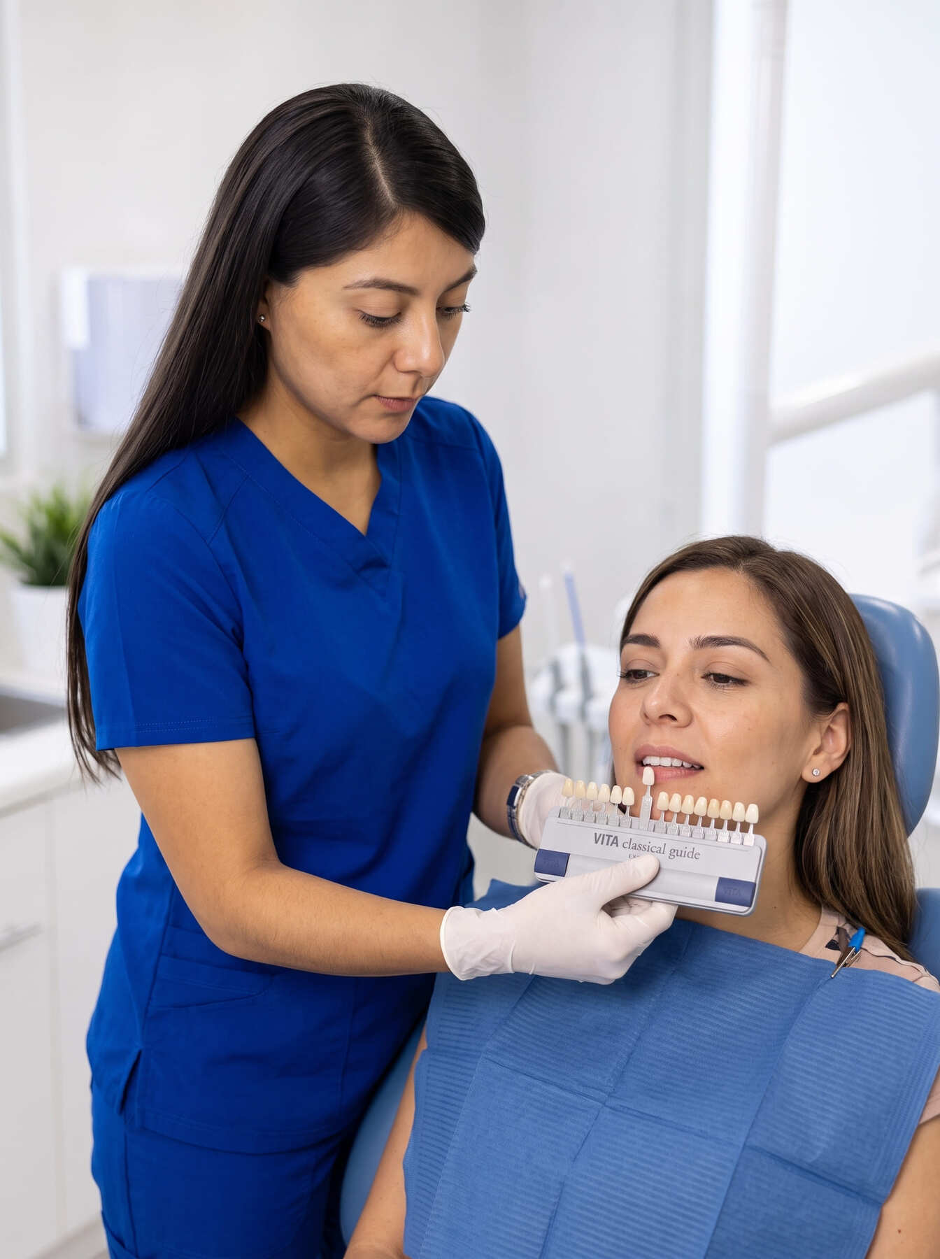 Selección del tono de las carillas de porcelana con guía de color en Dental Correct Guadalajara.